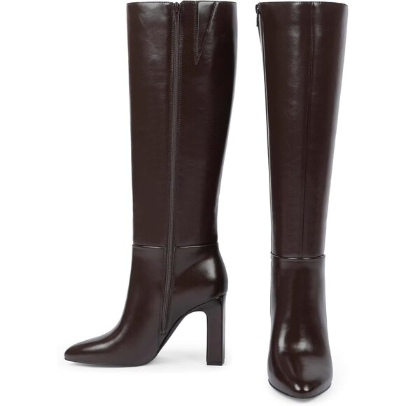 Women's Chocolate 1 Knee High Almond Toe Chunky Block High Heel Side Zipper Boot - Picture 5 of 8